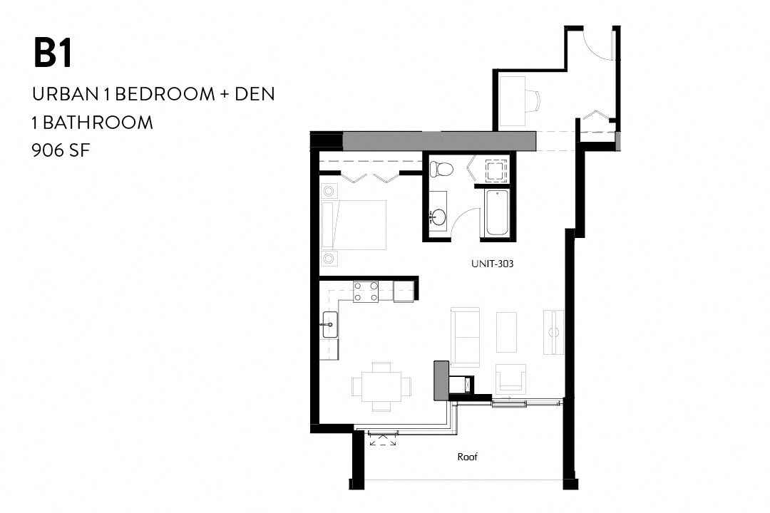 Floor plan for 2 beds, 1 bath, 906 sqft